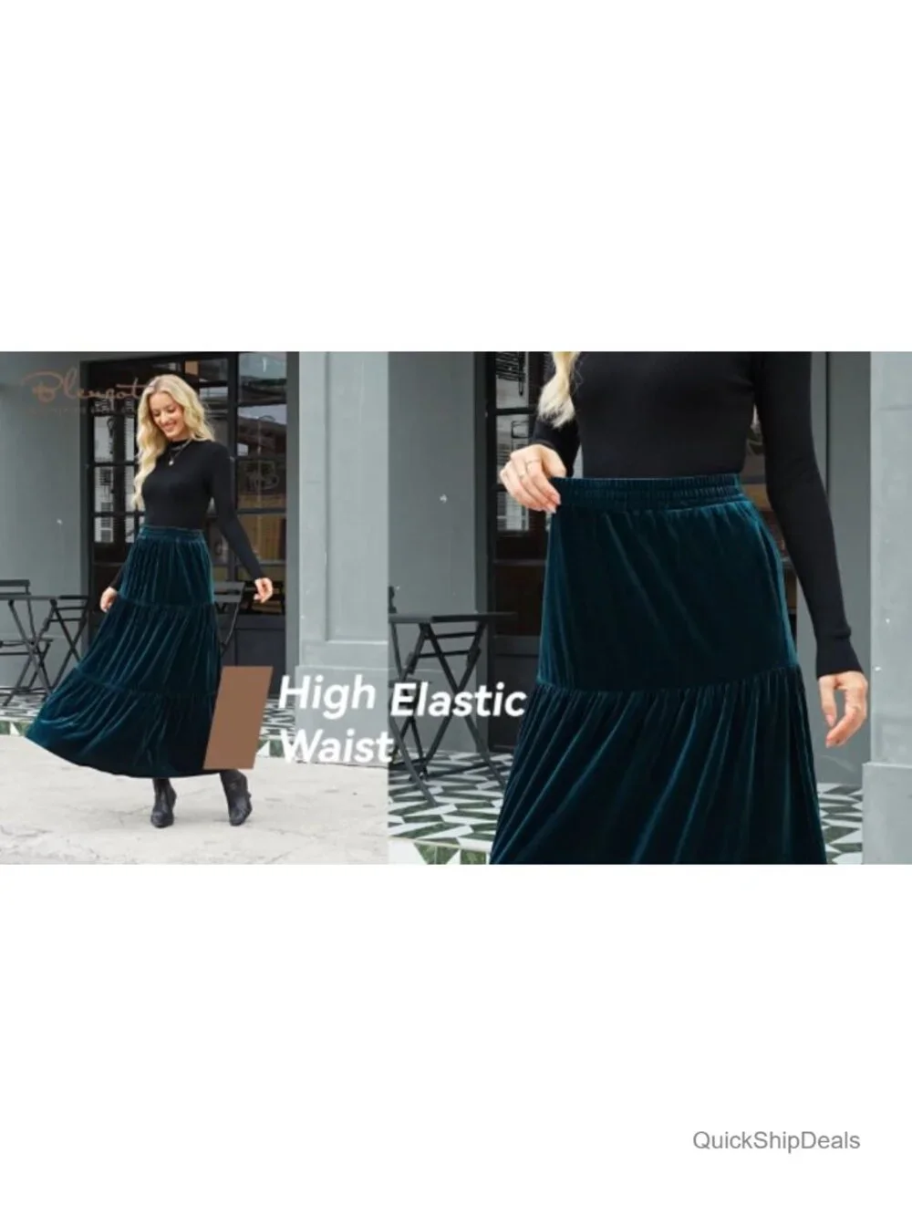 Women Velvet Maxi Skirt High Waisted A-Line Ruffled with Pockets